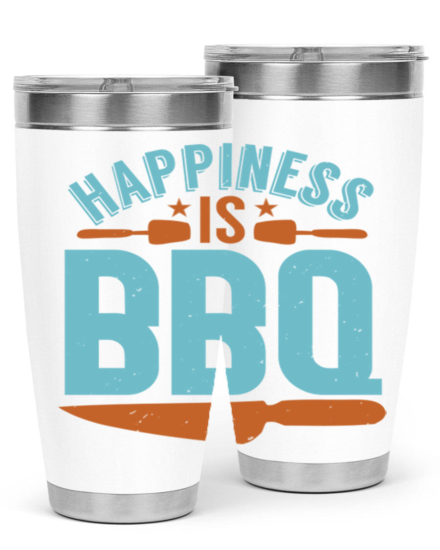 Happiness is BBQ 20oz Tumbler in stainless steel with a drink-thru lid, showcasing its sleek design and double wall vacuum insulation.