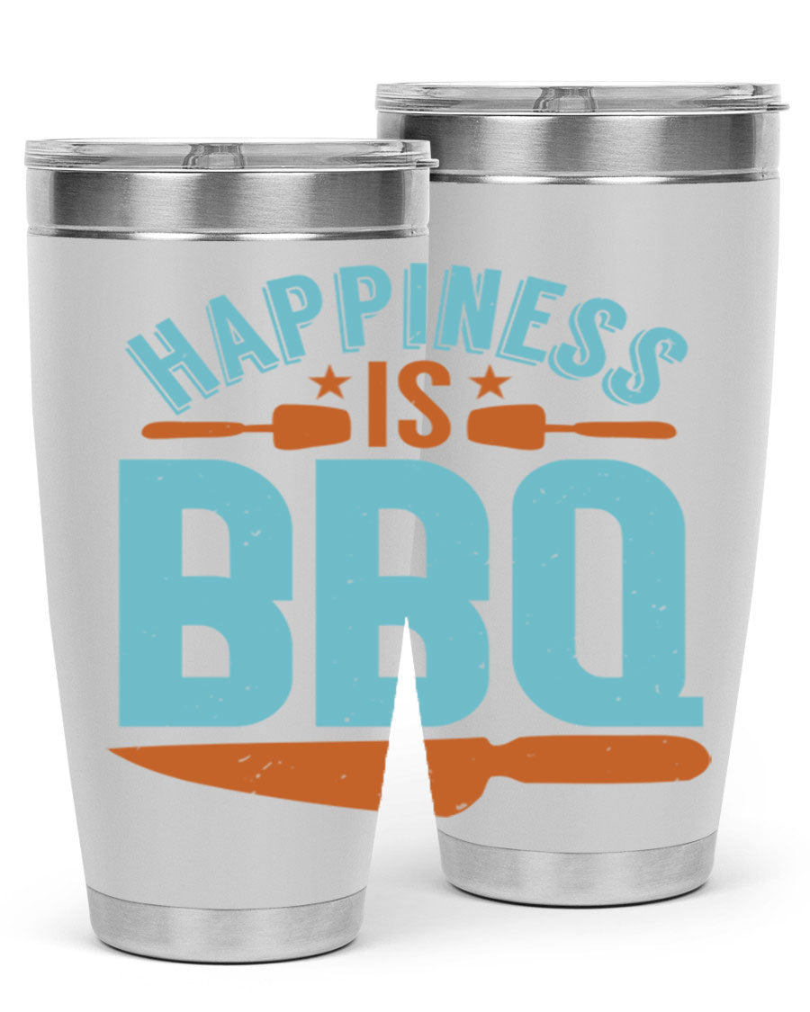 Happiness is BBQ 20oz Tumbler in stainless steel with a drink-thru lid, showcasing its sleek design and double wall vacuum insulation.