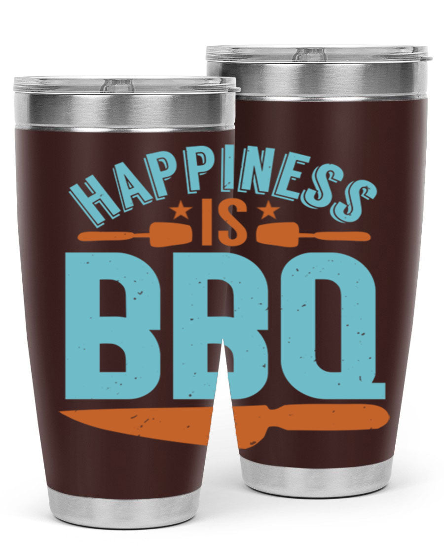 Happiness is BBQ 20oz Tumbler in stainless steel with a drink-thru lid, showcasing its sleek design and double wall vacuum insulation.