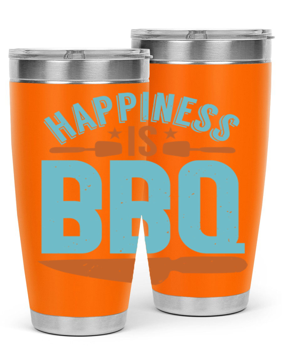 Happiness is BBQ 20oz Tumbler in stainless steel with a drink-thru lid, showcasing its sleek design and double wall vacuum insulation.