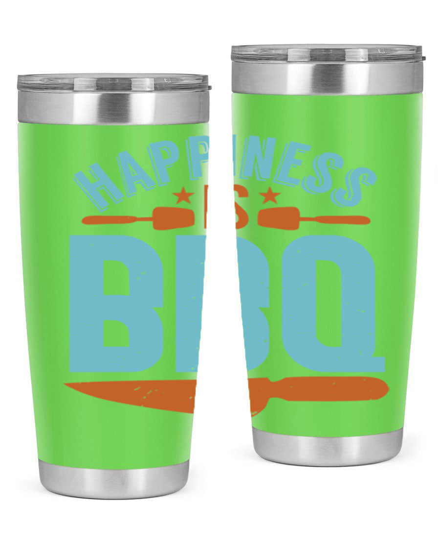 Happiness is BBQ 20oz Tumbler in stainless steel with a drink-thru lid, showcasing its sleek design and double wall vacuum insulation.