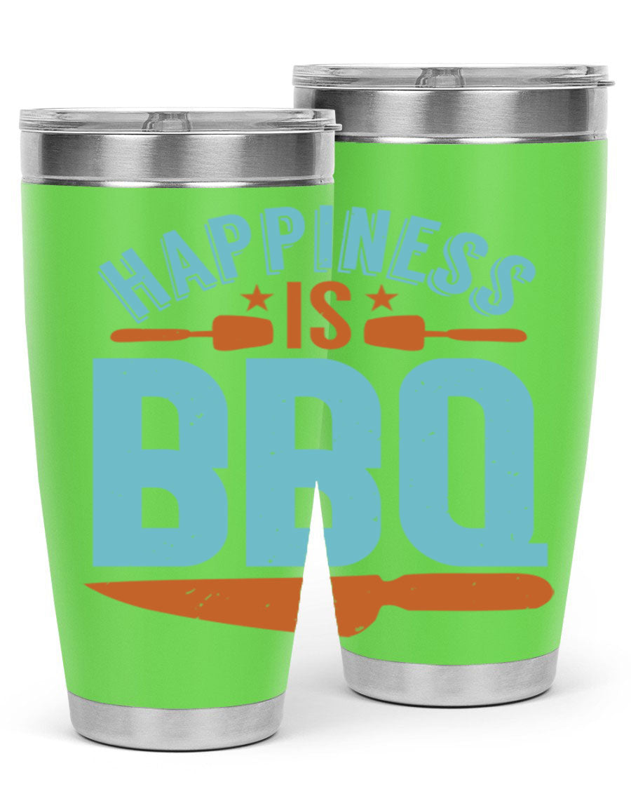 Happiness is BBQ 20oz Tumbler in stainless steel with a drink-thru lid, showcasing its sleek design and double wall vacuum insulation.