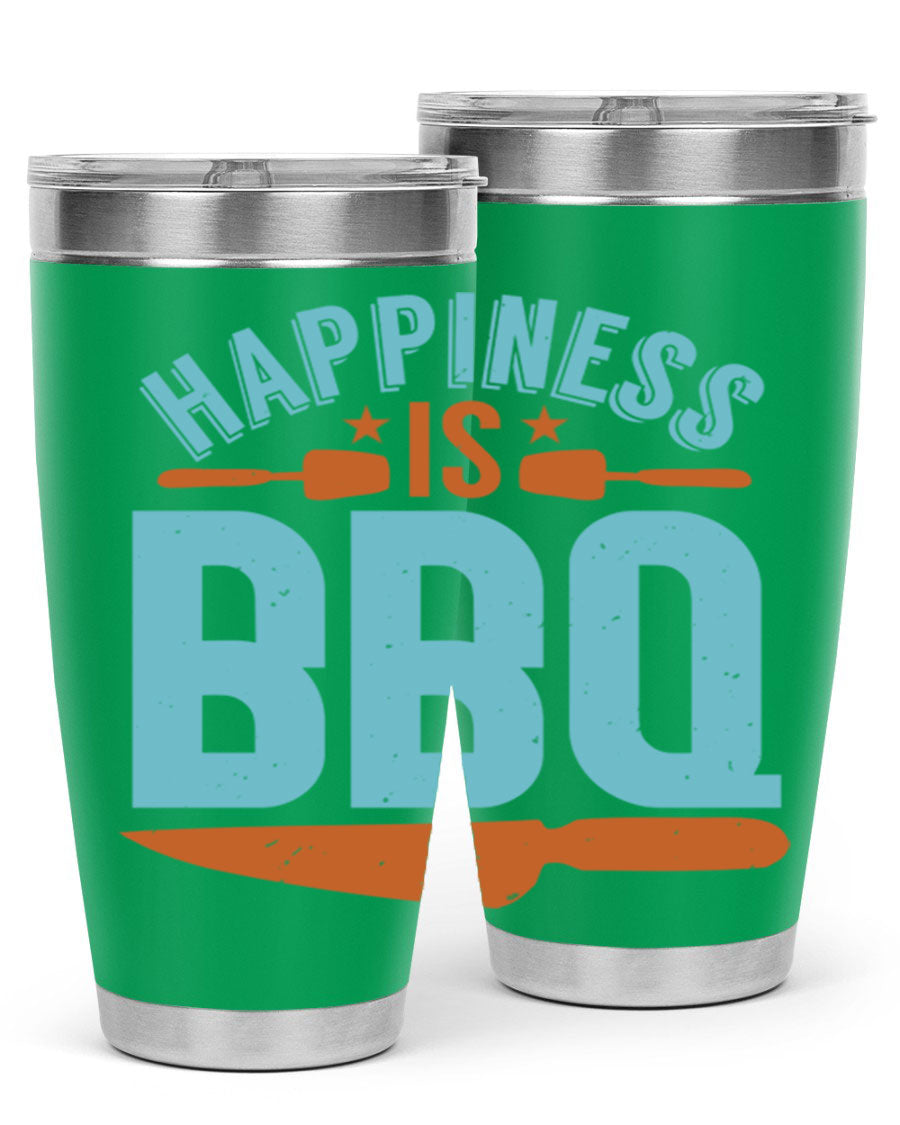 Happiness is BBQ 20oz Tumbler in stainless steel with a drink-thru lid, showcasing its sleek design and double wall vacuum insulation.