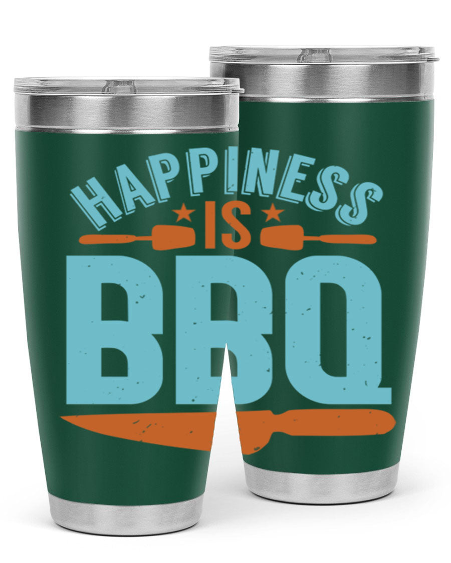 Happiness is BBQ 20oz Tumbler in stainless steel with a drink-thru lid, showcasing its sleek design and double wall vacuum insulation.