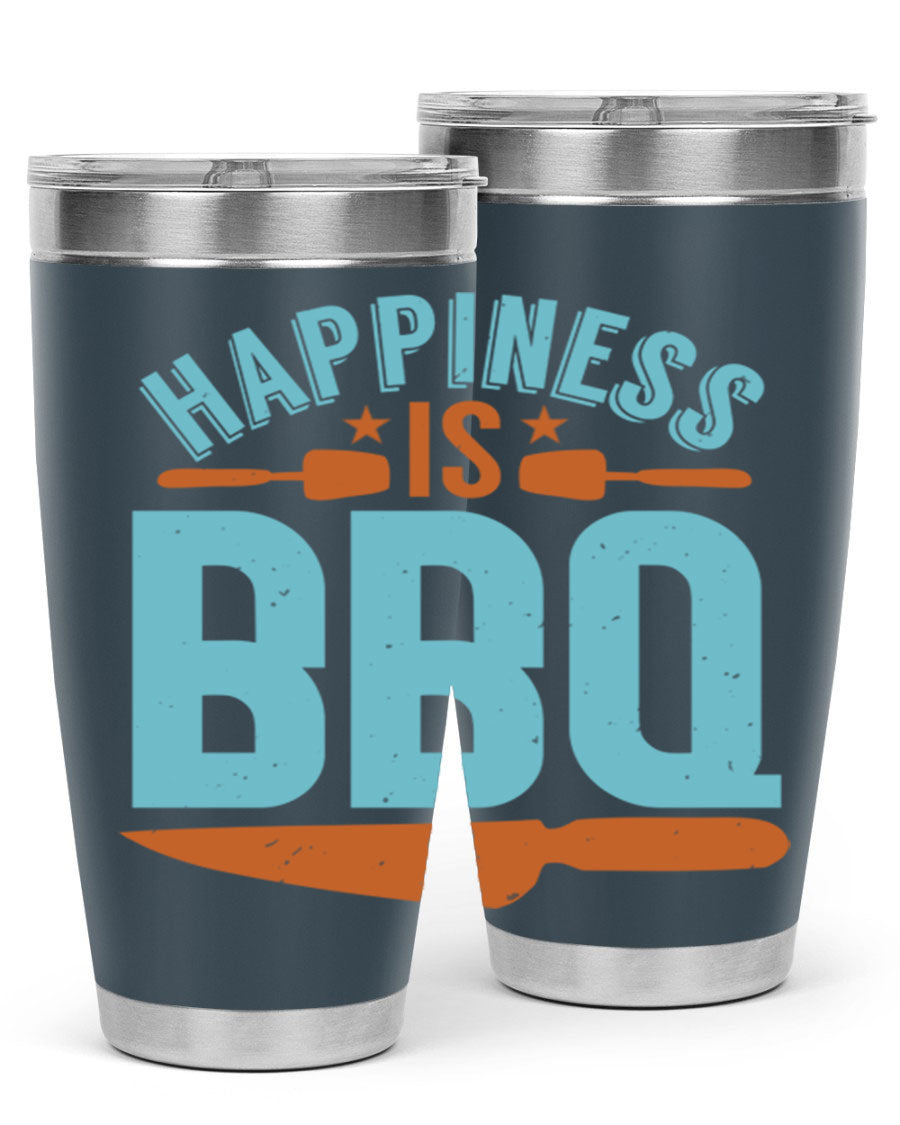 Happiness is BBQ 20oz Tumbler in stainless steel with a drink-thru lid, showcasing its sleek design and double wall vacuum insulation.