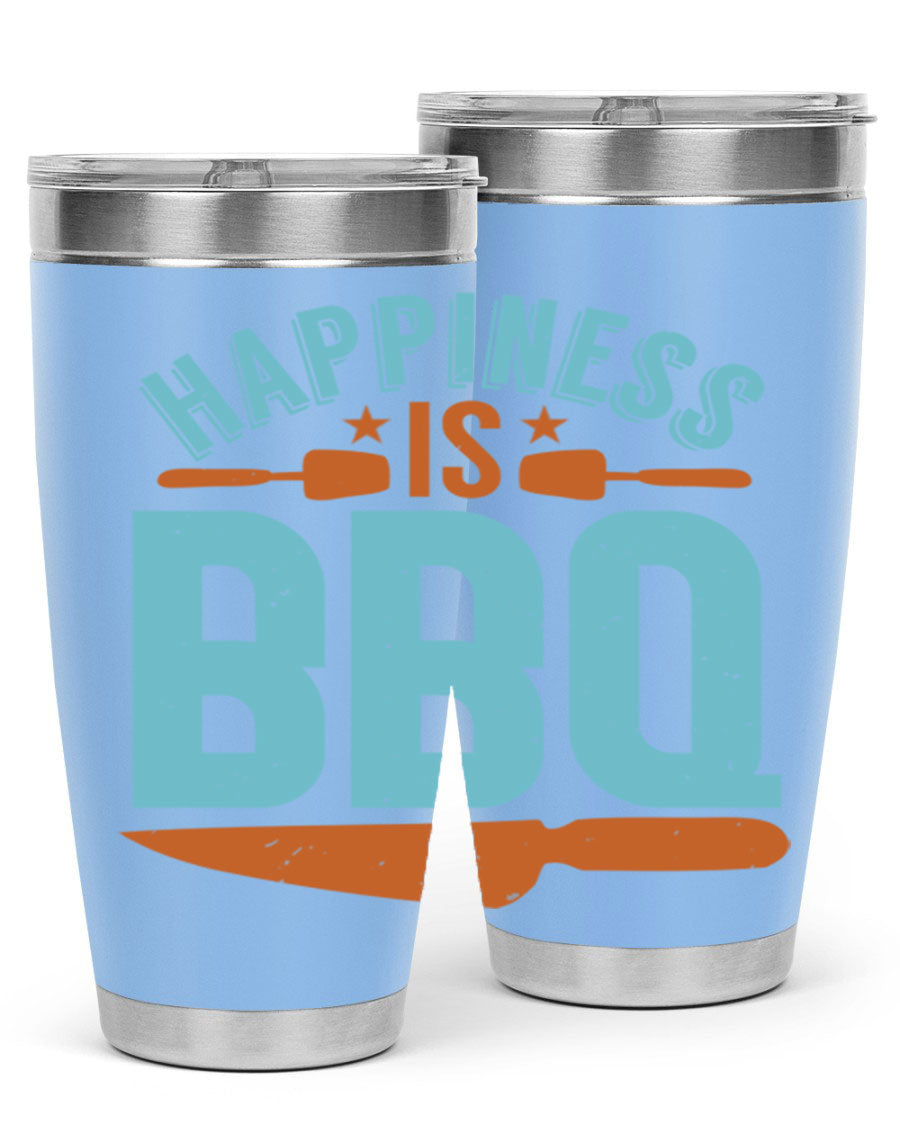 Happiness is BBQ 20oz Tumbler in stainless steel with a drink-thru lid, showcasing its sleek design and double wall vacuum insulation.