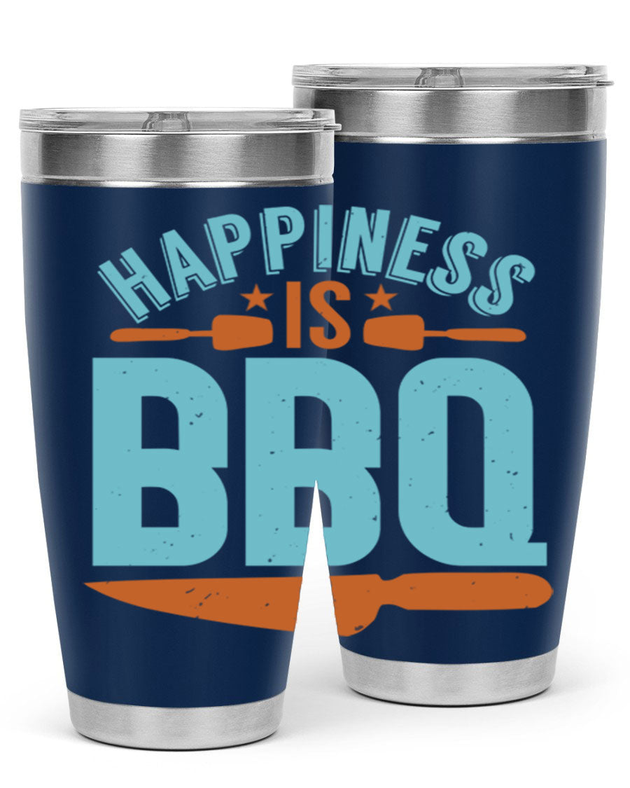 Happiness is BBQ 20oz Tumbler in stainless steel with a drink-thru lid, showcasing its sleek design and double wall vacuum insulation.
