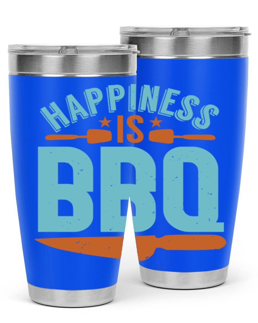 Happiness is BBQ 20oz Tumbler in stainless steel with a drink-thru lid, showcasing its sleek design and double wall vacuum insulation.