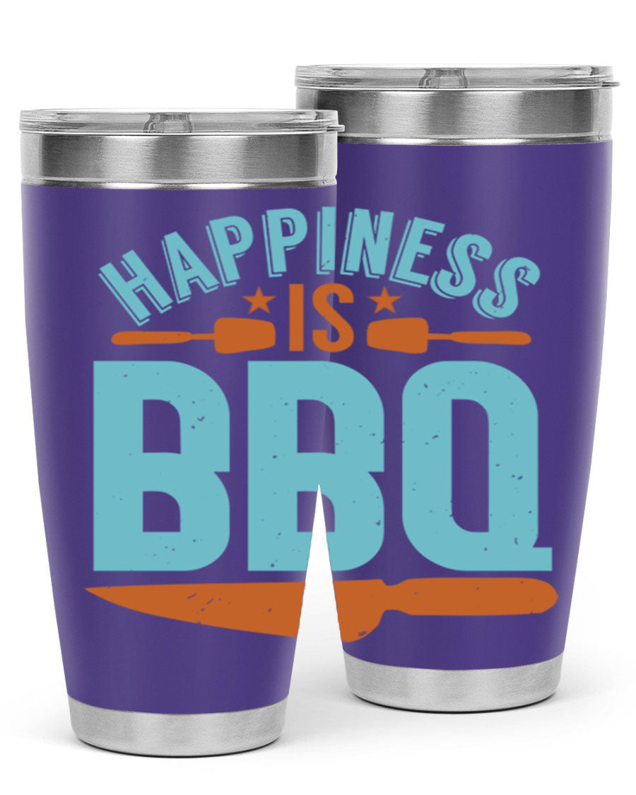 Happiness is BBQ 20oz Tumbler in stainless steel with a drink-thru lid, showcasing its sleek design and double wall vacuum insulation.