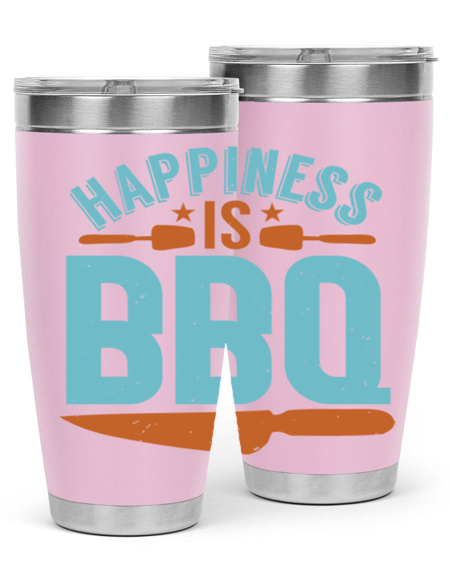 Happiness is BBQ 20oz Tumbler in stainless steel with a drink-thru lid, showcasing its sleek design and double wall vacuum insulation.