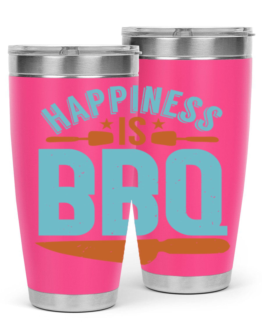 Happiness is BBQ 20oz Tumbler in stainless steel with a drink-thru lid, showcasing its sleek design and double wall vacuum insulation.