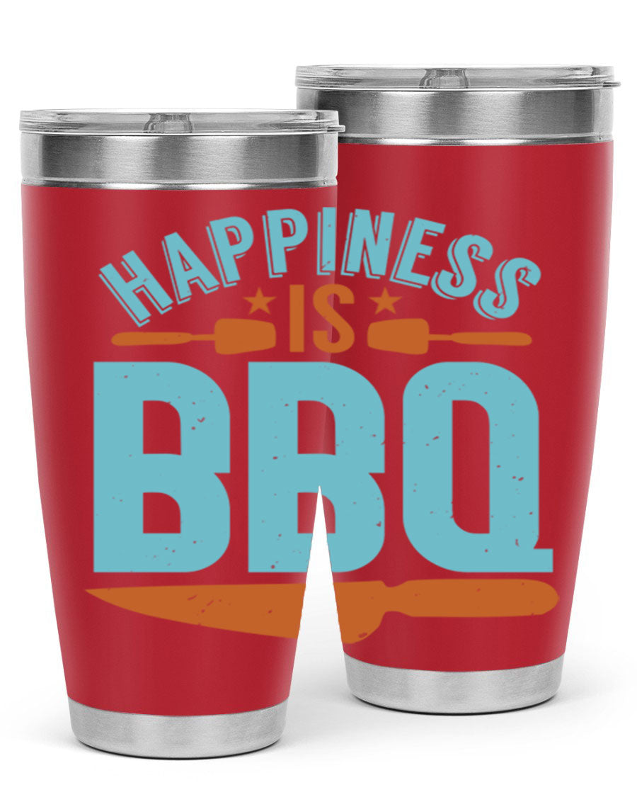 Happiness is BBQ 20oz Tumbler in stainless steel with a drink-thru lid, showcasing its sleek design and double wall vacuum insulation.