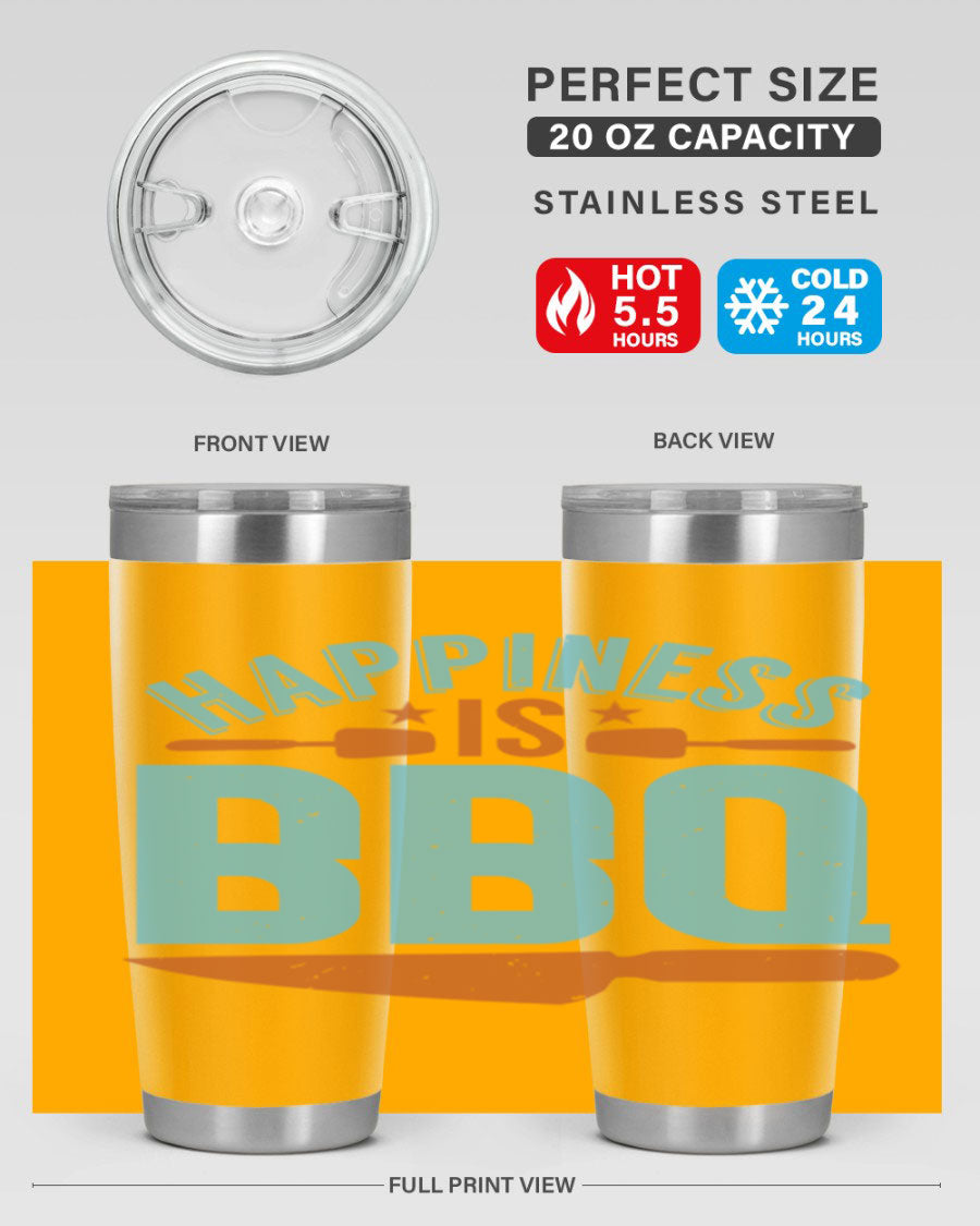 Happiness is BBQ 20oz Tumbler in stainless steel with a drink-thru lid, showcasing its sleek design and double wall vacuum insulation.
