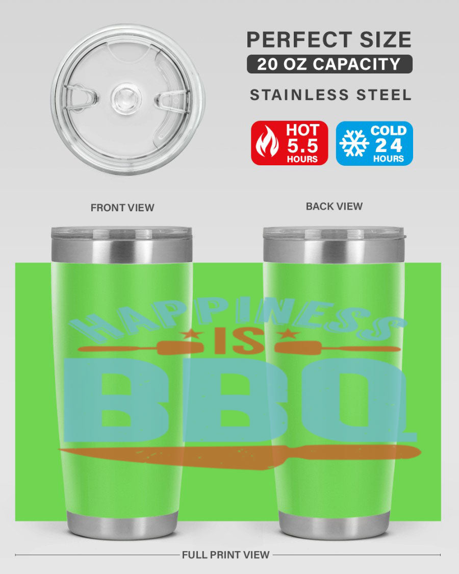 Happiness is BBQ 20oz Tumbler in stainless steel with a drink-thru lid, showcasing its sleek design and double wall vacuum insulation.