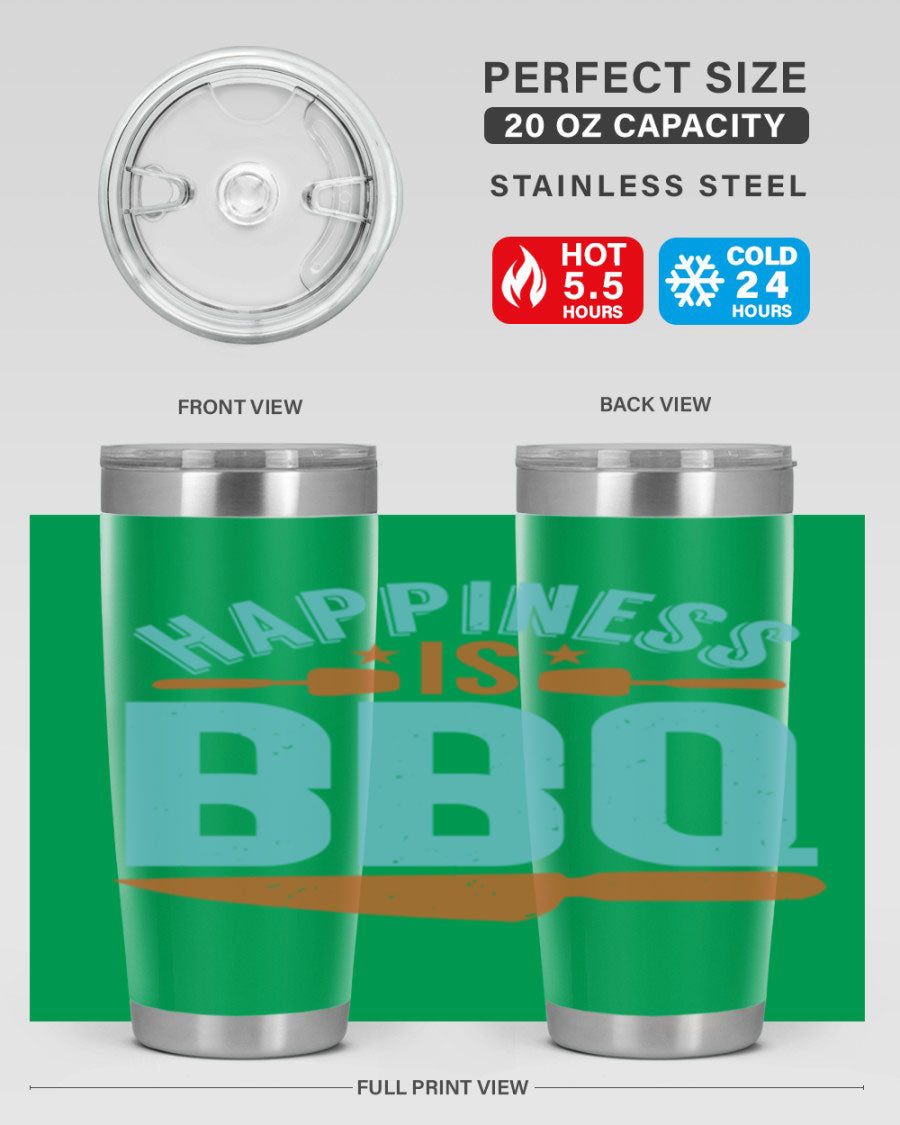 Happiness is BBQ 20oz Tumbler in stainless steel with a drink-thru lid, showcasing its sleek design and double wall vacuum insulation.