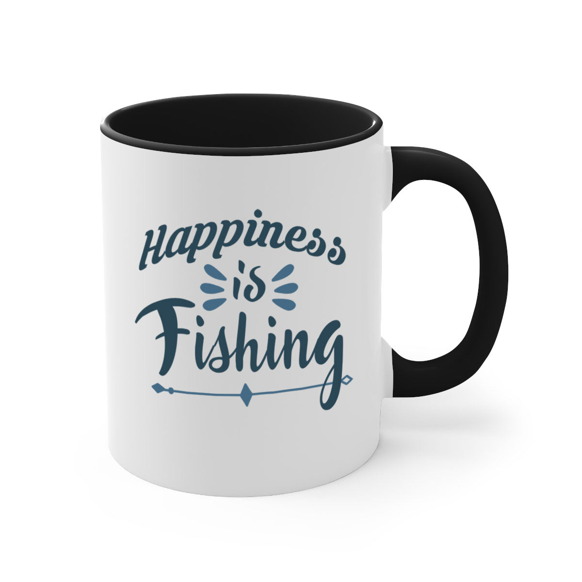 Happiness is Fishing Mug with colorful handle and glossy finish, available in multiple colors and sizes.