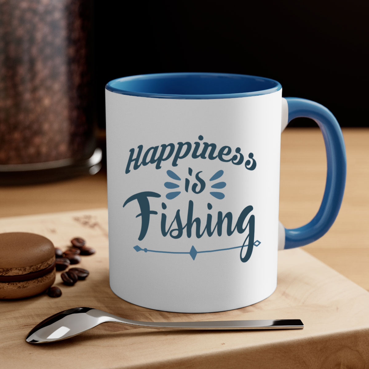 Happiness is Fishing Mug with colorful handle and glossy finish, available in multiple colors and sizes.