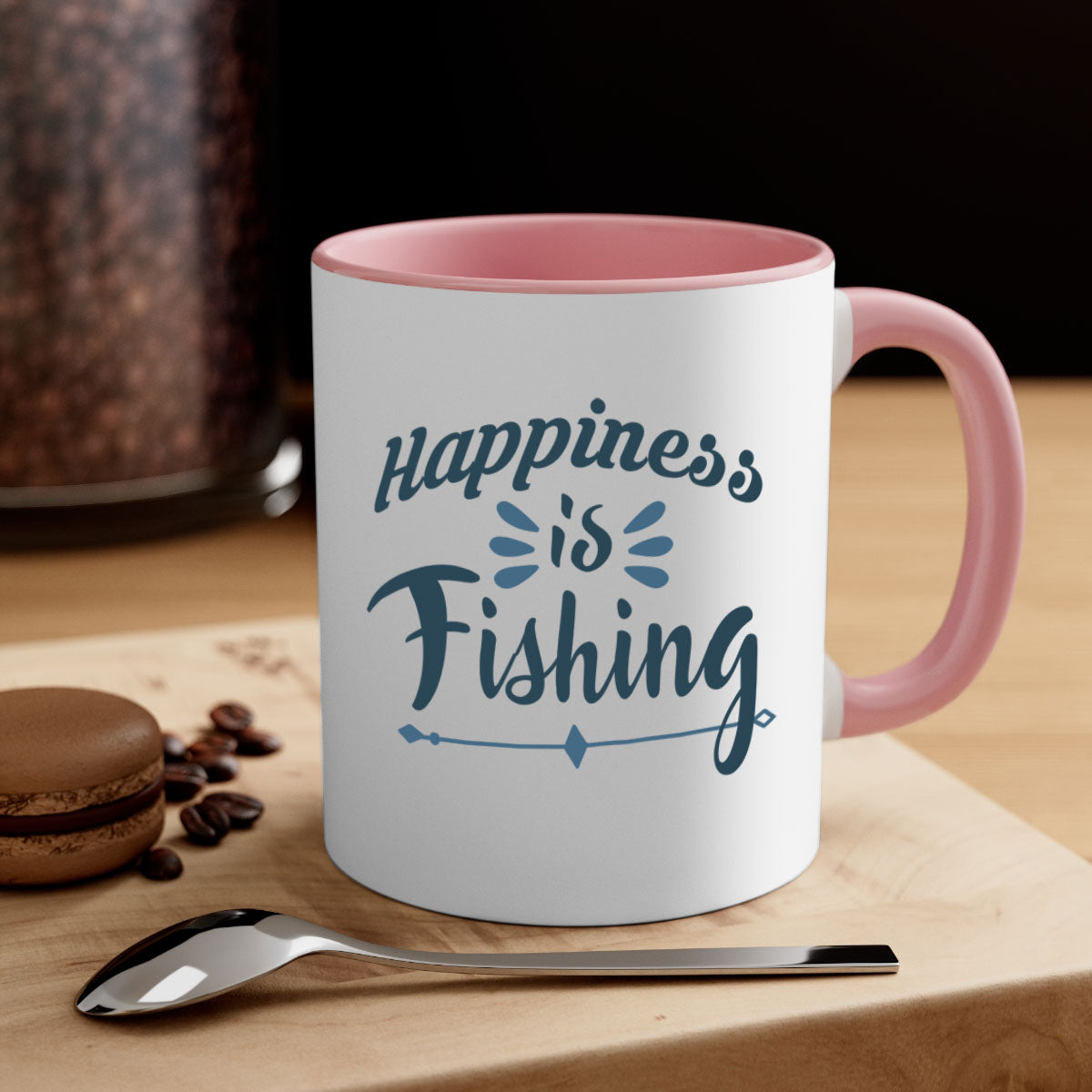 Happiness is Fishing Mug with colorful handle and glossy finish, available in multiple colors and sizes.