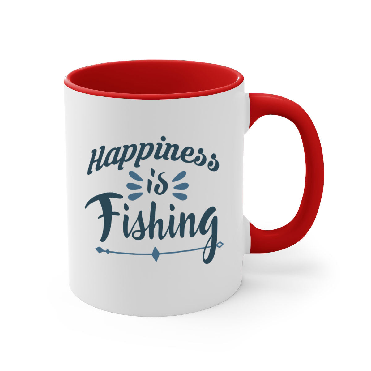 Happiness is Fishing Mug with colorful handle and glossy finish, available in multiple colors and sizes.