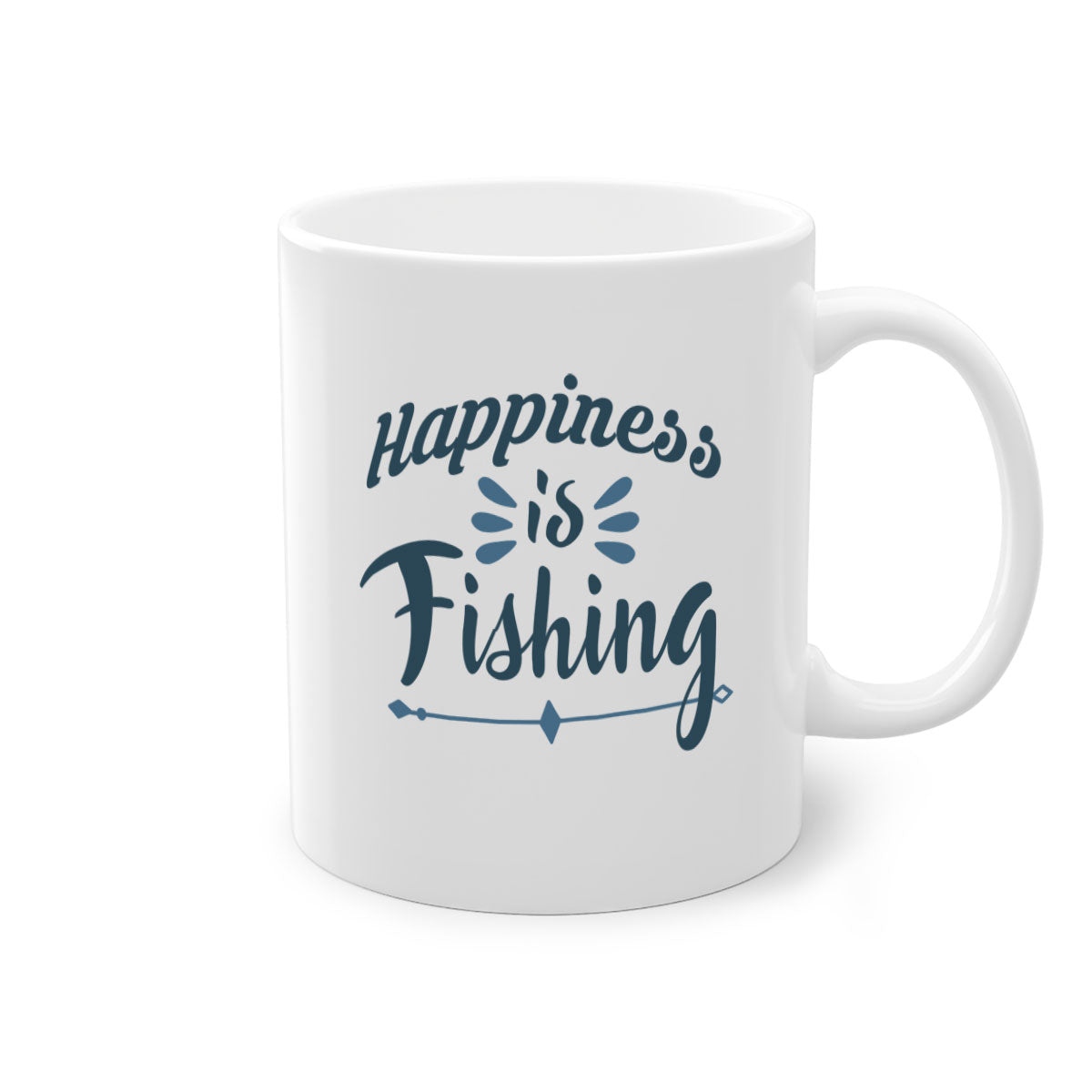 Happiness is Fishing Mug with colorful handle and glossy finish, available in multiple colors and sizes.