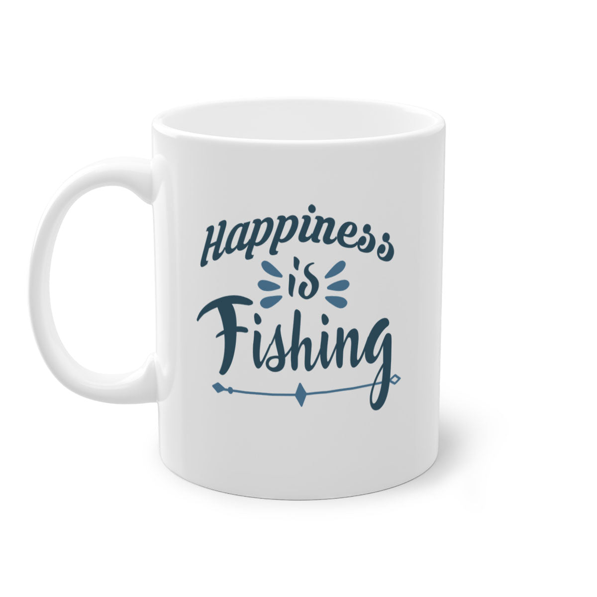 Happiness is Fishing Mug with colorful handle and glossy finish, available in multiple colors and sizes.