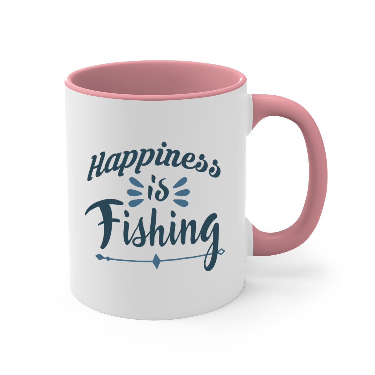 Happiness is Fishing Mug with colorful handle and glossy finish, available in multiple colors and sizes.