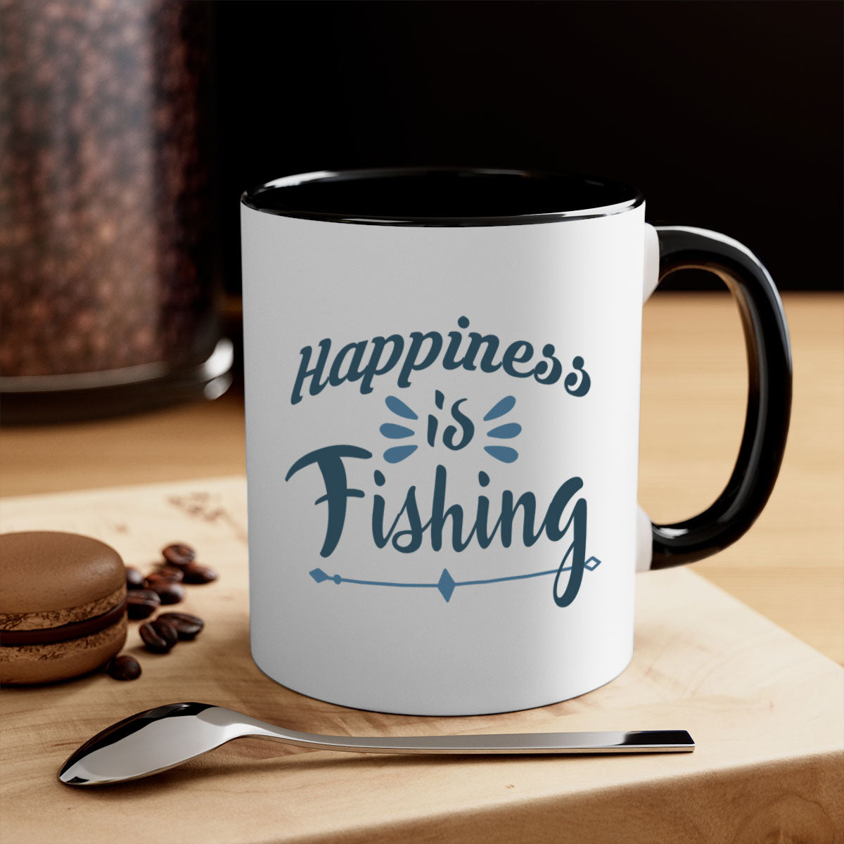 Happiness is Fishing Mug with colorful handle and glossy finish, available in multiple colors and sizes.