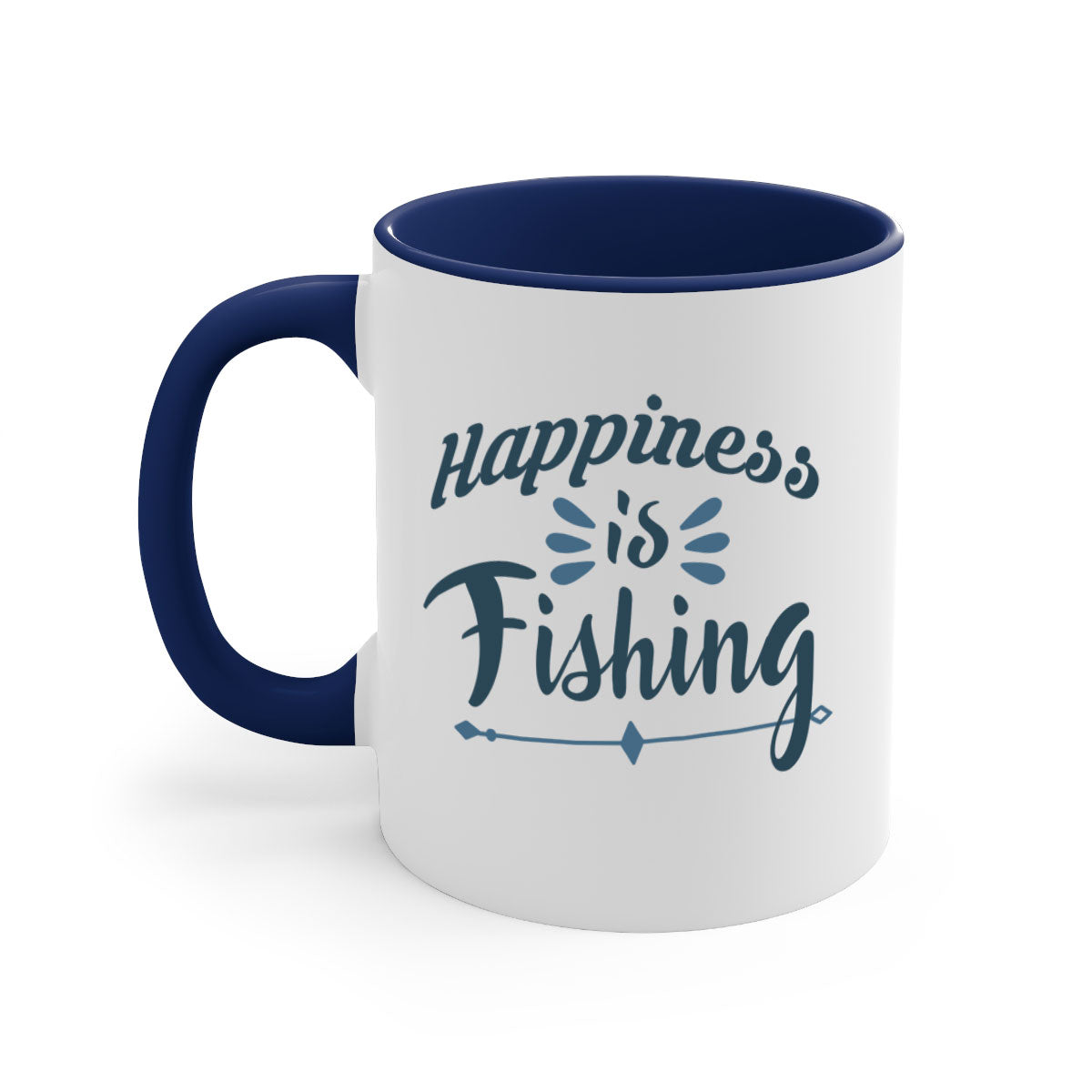 Happiness is Fishing Mug with colorful handle and glossy finish, available in multiple colors and sizes.