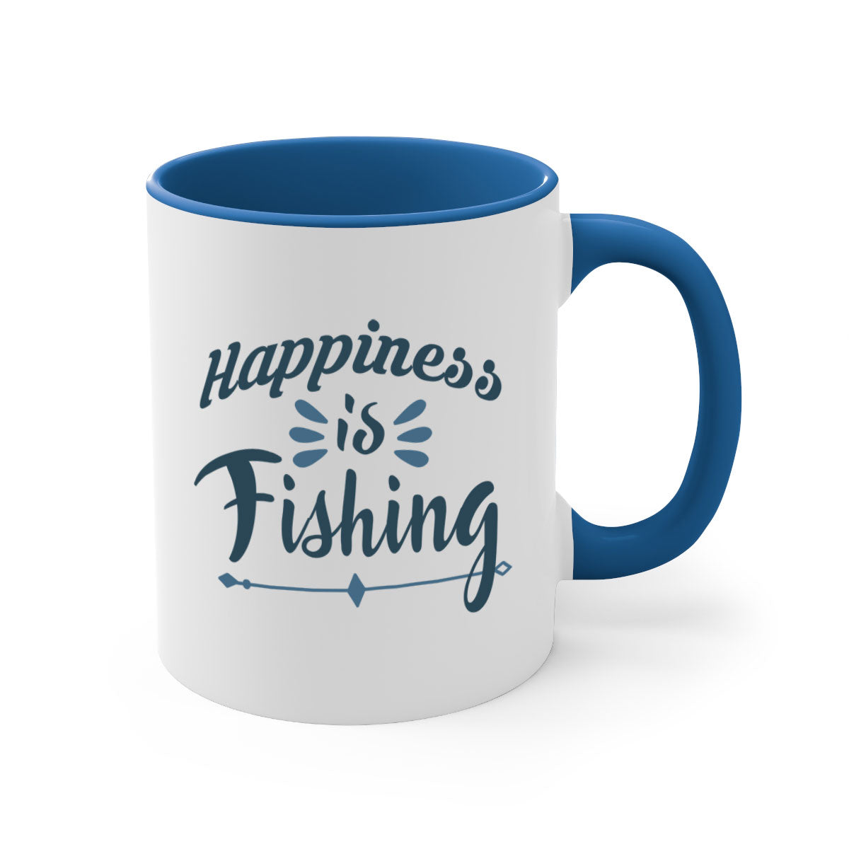 Happiness is Fishing Mug with colorful handle and glossy finish, available in multiple colors and sizes.