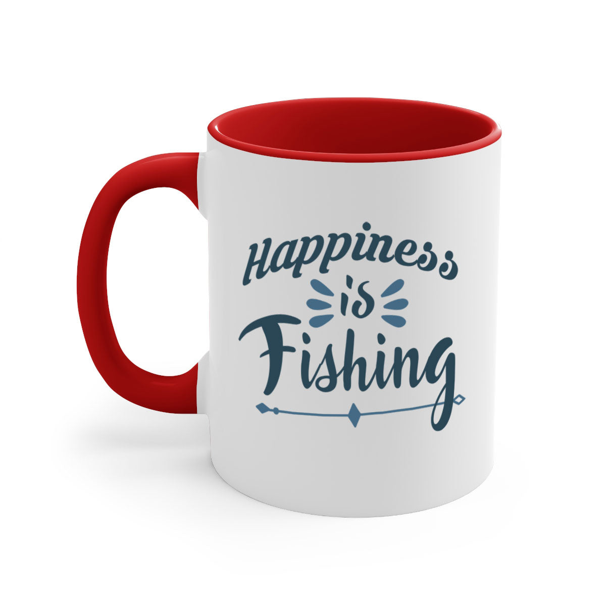 Happiness is Fishing Mug with colorful handle and glossy finish, available in multiple colors and sizes.