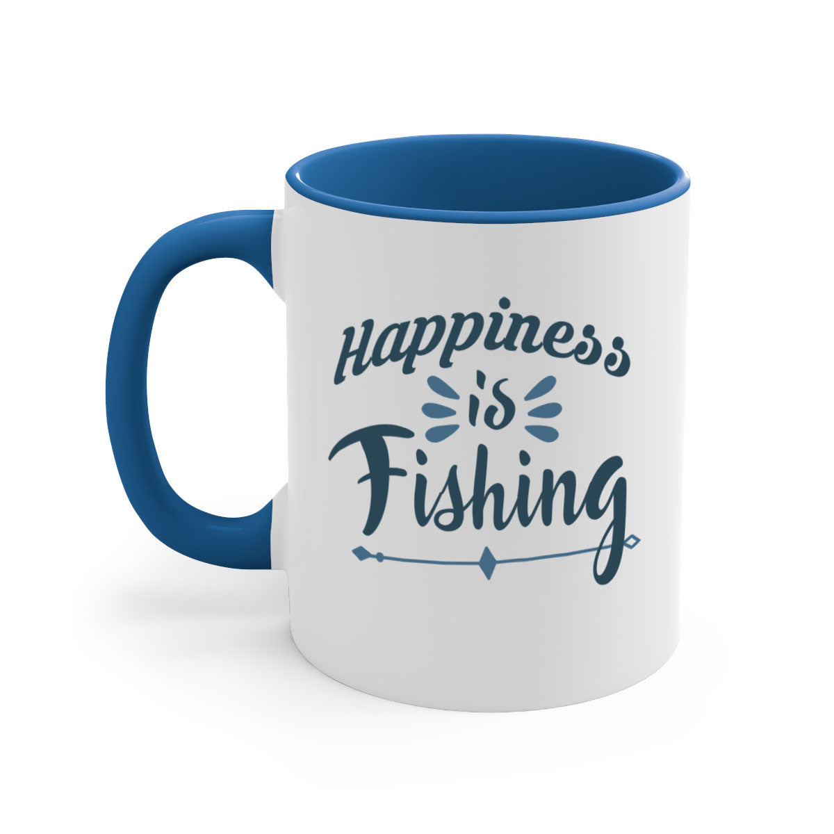 Happiness is Fishing Mug with colorful handle and glossy finish, available in multiple colors and sizes.