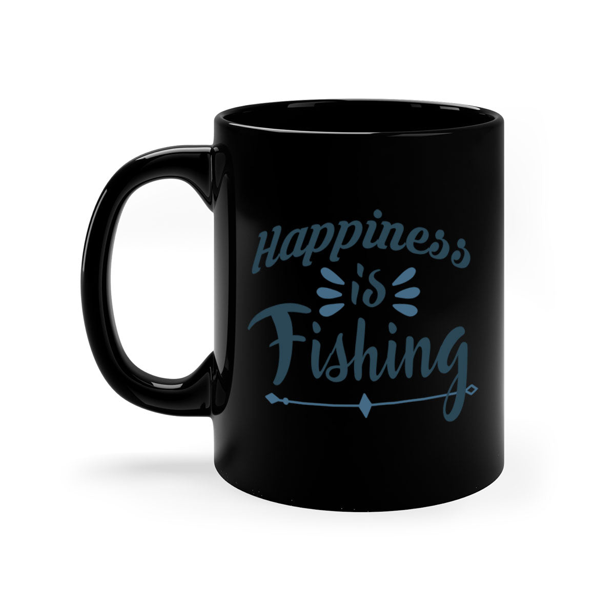 Happiness is Fishing Mug with colorful handle and glossy finish, available in multiple colors and sizes.