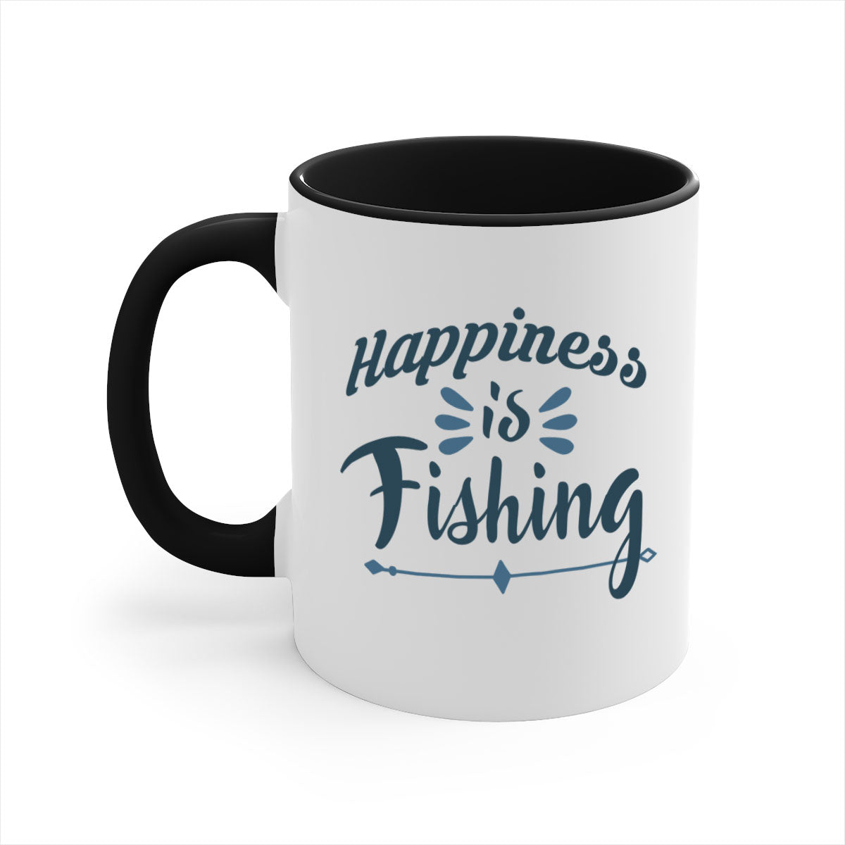 Happiness is Fishing Mug with colorful handle and glossy finish, available in multiple colors and sizes.