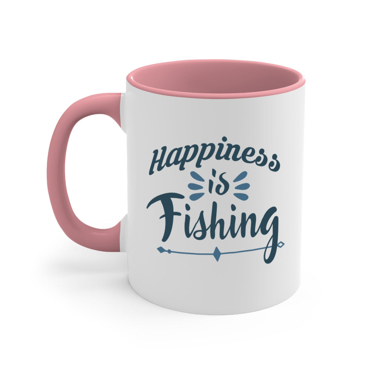Happiness is Fishing Mug with colorful handle and glossy finish, available in multiple colors and sizes.