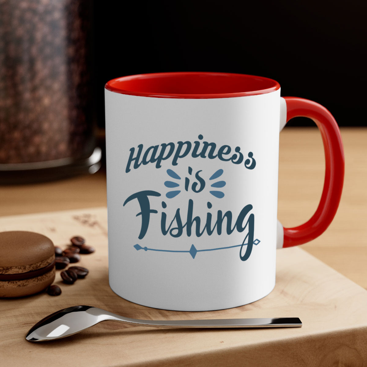 Happiness is Fishing Mug with colorful handle and glossy finish, available in multiple colors and sizes.