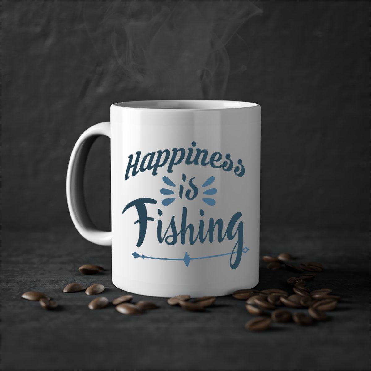 Happiness is Fishing Mug with colorful handle and glossy finish, available in multiple colors and sizes.