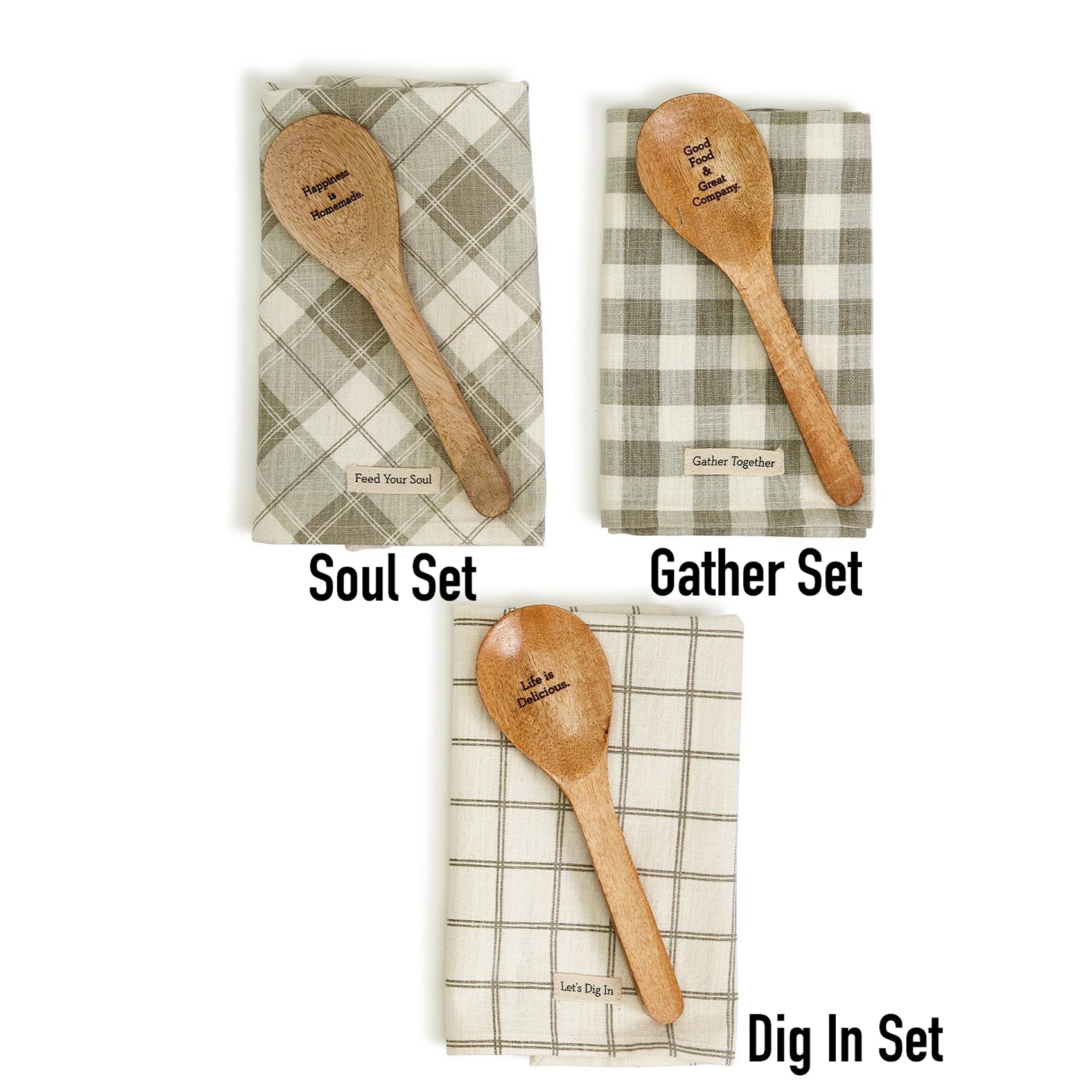 Happiness Is Home Set featuring a decorative dish towel and a wooden spoon with engraved sayings, perfect for gifting.