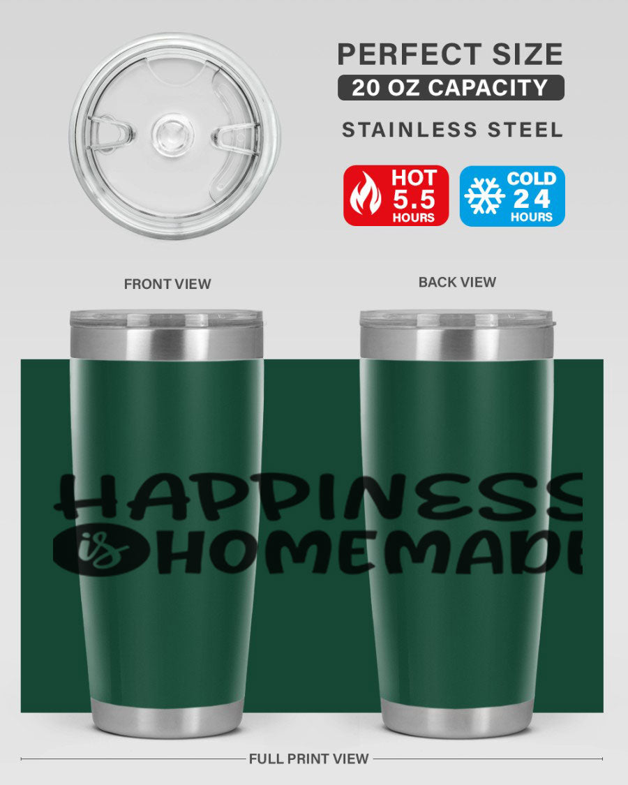 Happiness is Homemade 20oz Tumbler in stainless steel with a drink-thru lid, showcasing its sleek design and vibrant print.