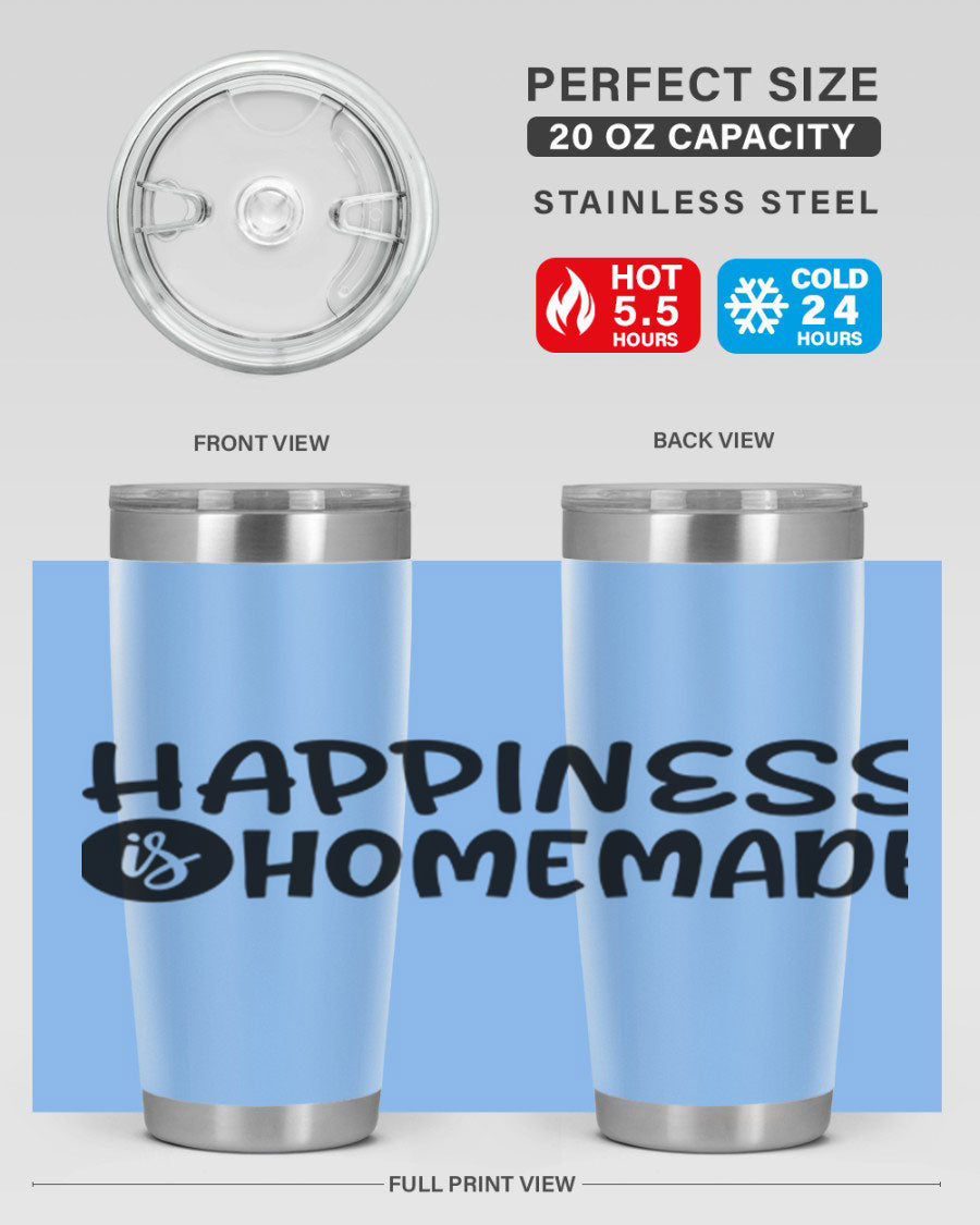 Happiness is Homemade 20oz Tumbler in stainless steel with a drink-thru lid, showcasing its sleek design and vibrant print.