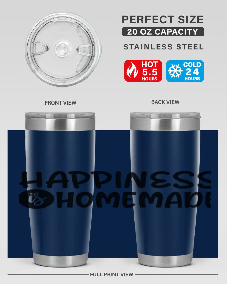Happiness is Homemade 20oz Tumbler in stainless steel with a drink-thru lid, showcasing its sleek design and vibrant print.