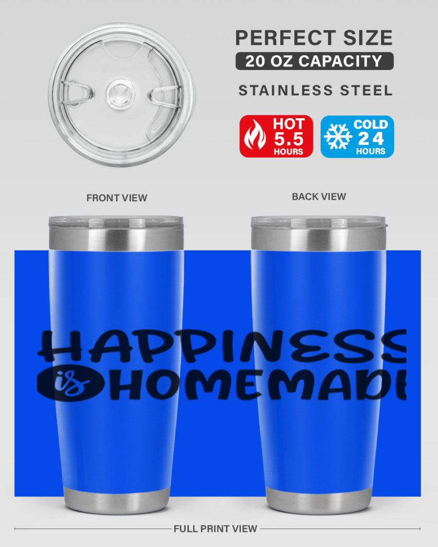 Happiness is Homemade 20oz Tumbler in stainless steel with a drink-thru lid, showcasing its sleek design and vibrant print.