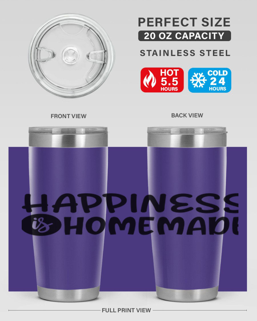 Happiness is Homemade 20oz Tumbler in stainless steel with a drink-thru lid, showcasing its sleek design and vibrant print.
