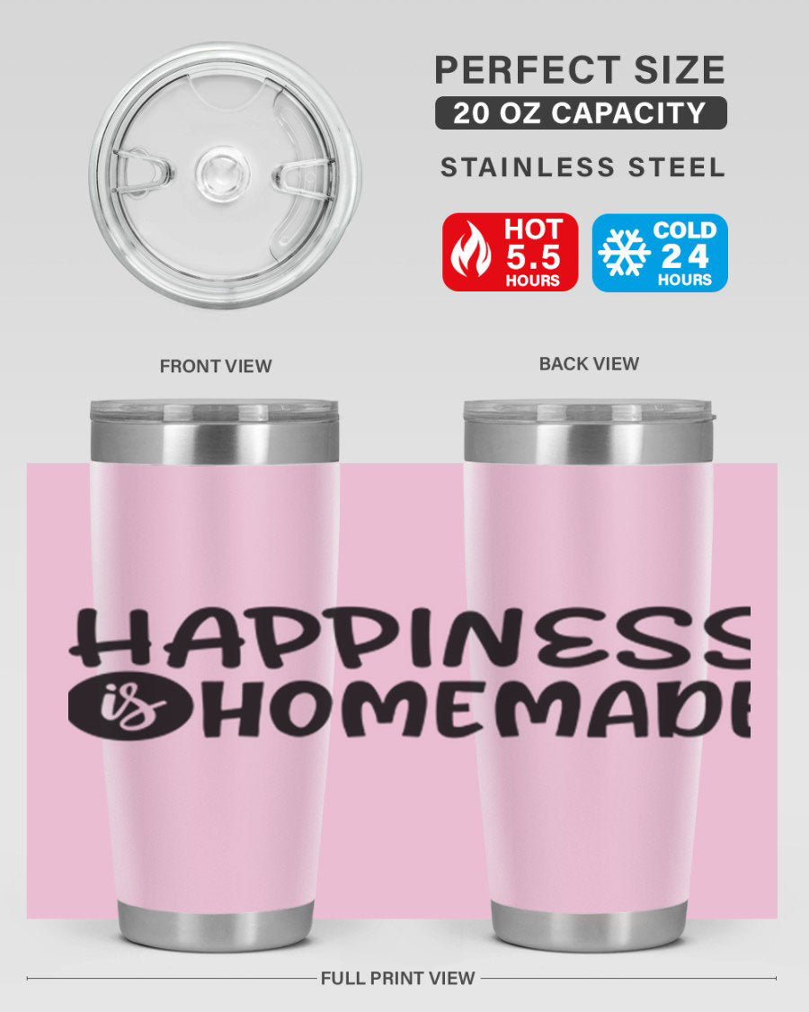 Happiness is Homemade 20oz Tumbler in stainless steel with a drink-thru lid, showcasing its sleek design and vibrant print.