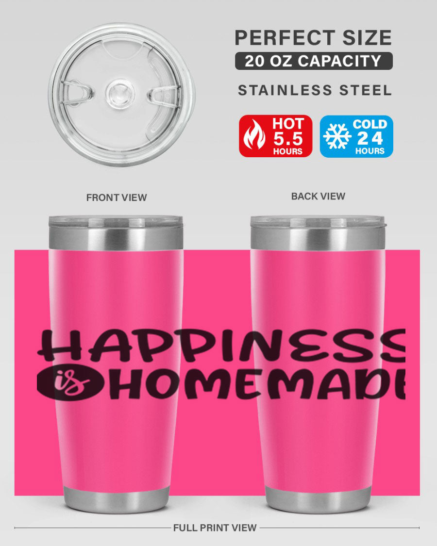 Happiness is Homemade 20oz Tumbler in stainless steel with a drink-thru lid, showcasing its sleek design and vibrant print.