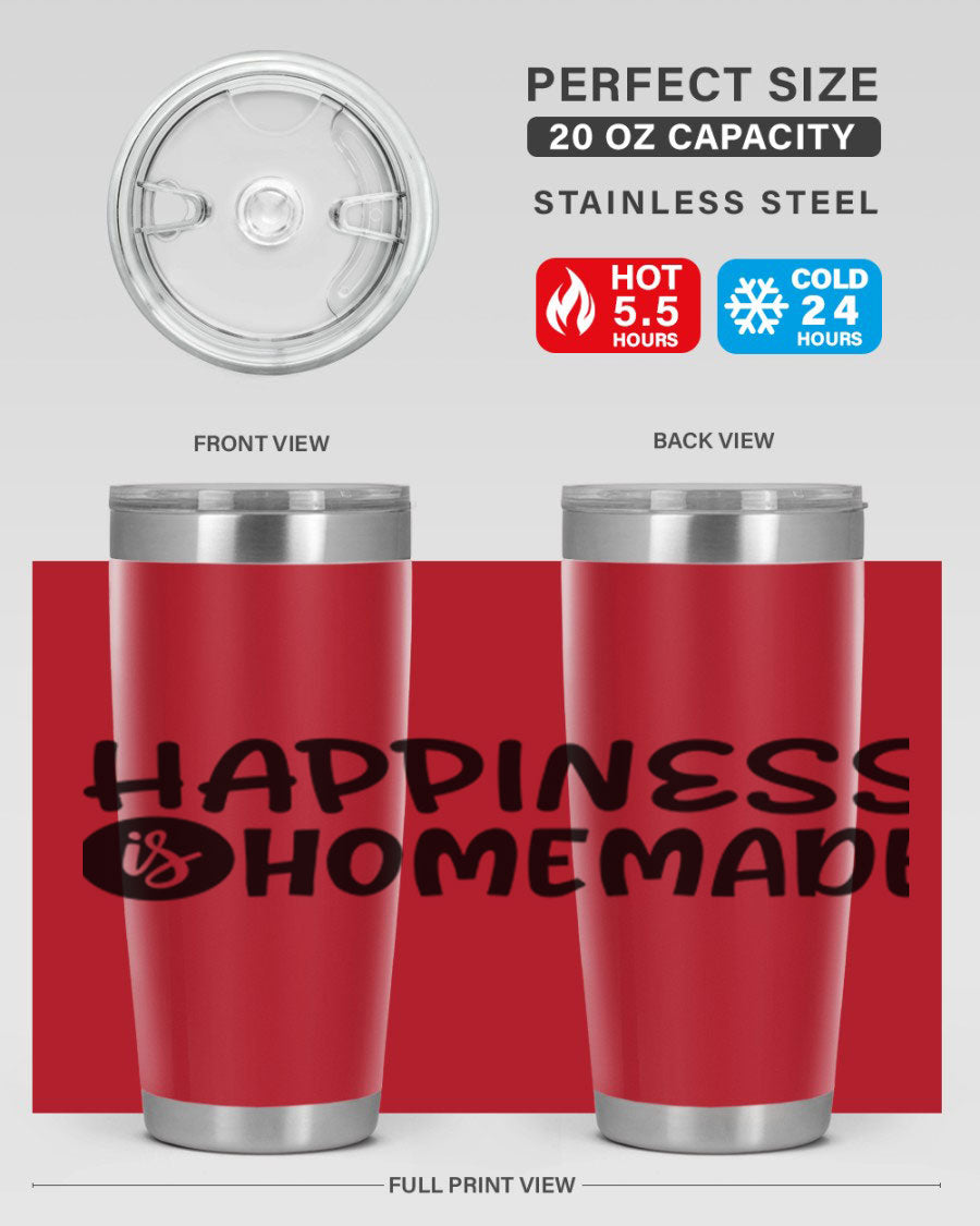 Happiness is Homemade 20oz Tumbler in stainless steel with a drink-thru lid, showcasing its sleek design and vibrant print.