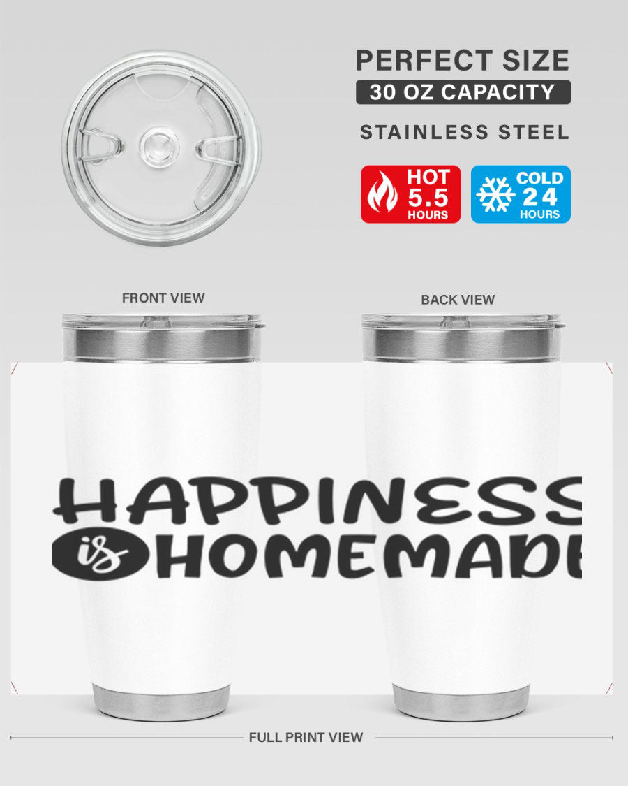 Happiness is Homemade 20oz Tumbler in stainless steel with a drink-thru lid, showcasing its sleek design and vibrant print.