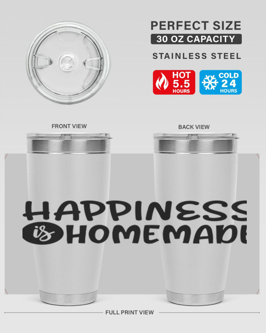 Happiness is Homemade 20oz Tumbler in stainless steel with a drink-thru lid, showcasing its sleek design and vibrant print.
