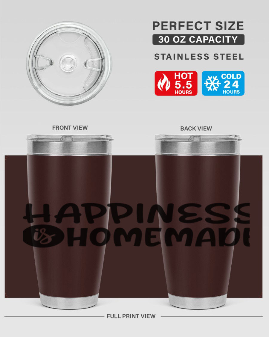 Happiness is Homemade 20oz Tumbler in stainless steel with a drink-thru lid, showcasing its sleek design and vibrant print.
