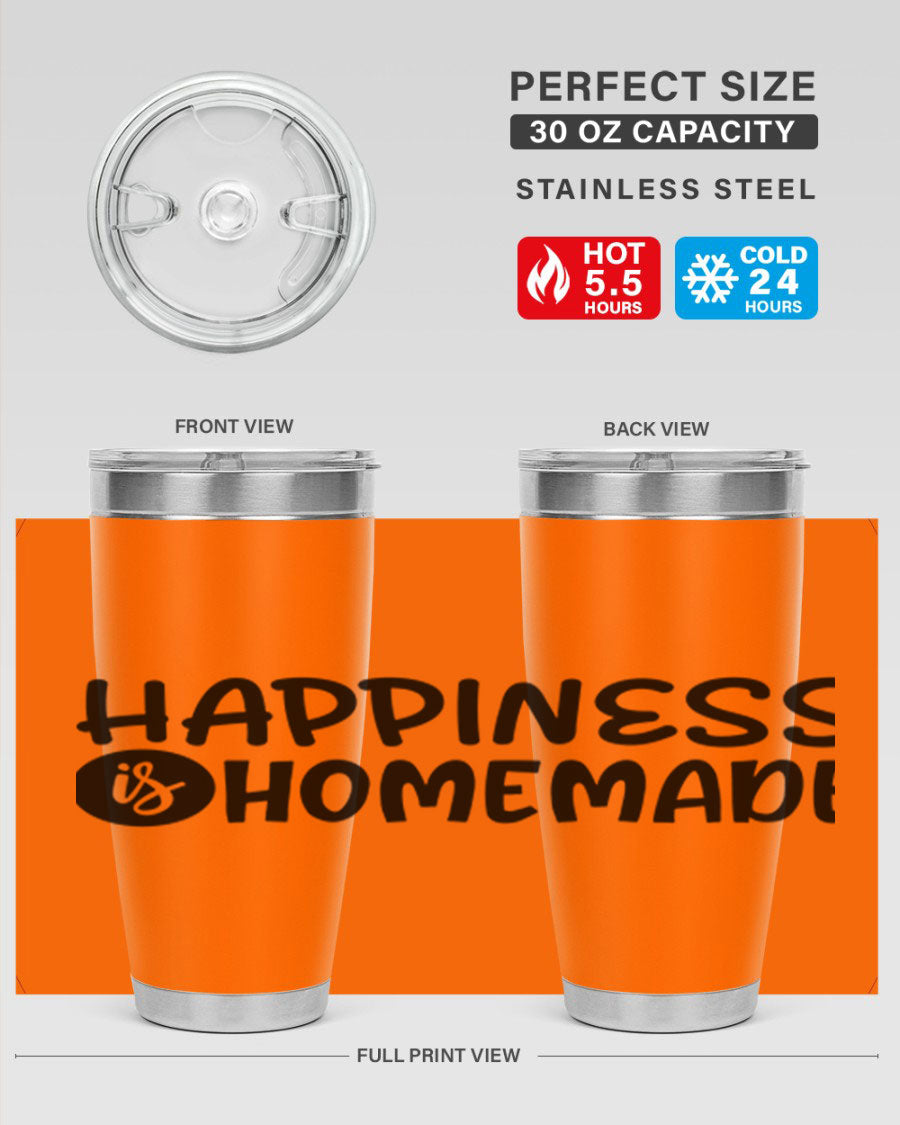 Happiness is Homemade 20oz Tumbler in stainless steel with a drink-thru lid, showcasing its sleek design and vibrant print.