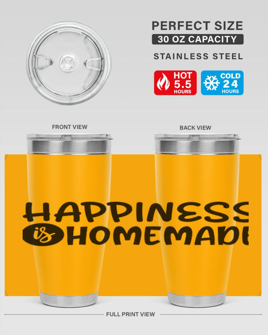 Happiness is Homemade 20oz Tumbler in stainless steel with a drink-thru lid, showcasing its sleek design and vibrant print.